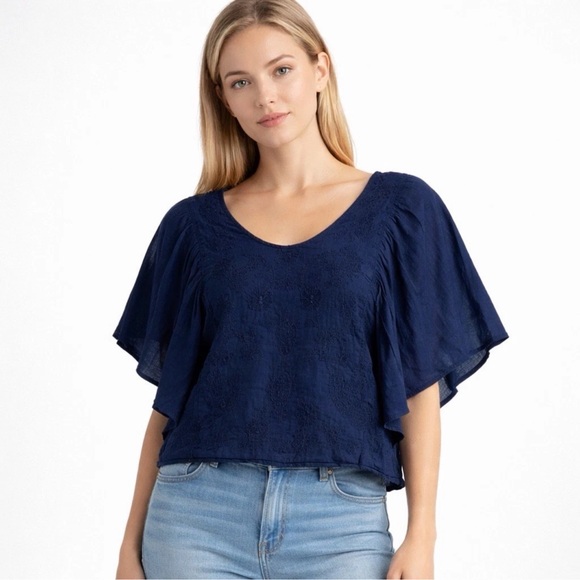 Dkny Tops - DKNY JEANS Women’s Size L Navy Blue Bat Wing Cotton Embroidered Blouse Flowy